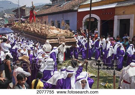 Stock Photography - Men Carrying The Anda (Float) Of Jesus Carrying The Cross During The Procession Of The Holy Cross On Good Friday In Antigua Guatemala, Sacatep. Fotosearch
