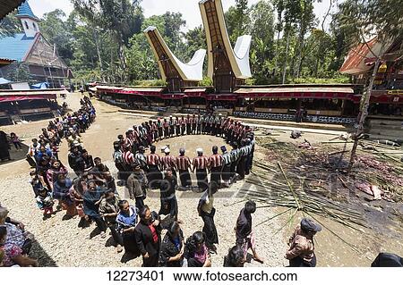 Stock Image - Men chanting in a circle and people in a formal funeral procession called MaÃƒÆ’Ã¢â‚¬Â passa Tedong at a rante, the ceremonial site for a Torajan funeral, in Sereale, Toraja Land, South Sulawesi, Indonesia. Fotosearch