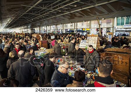 Stock Photo - Mercat de Sant Antoni, second hand books and collectors pieces at Sunday market; Barcelona, Catalonia, Spain. Fotosearch