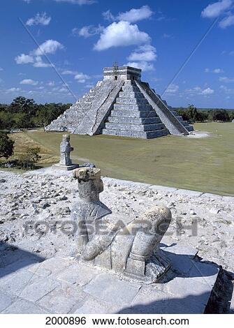Stock Photograph - Mexico, Chichen Itza, View Of Pyramid And Chacmool. Fotosearch