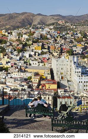 Stock Image - Mexico, Guanajuato, Guanajuato, View of hillside suburbs of town. Fotosearch