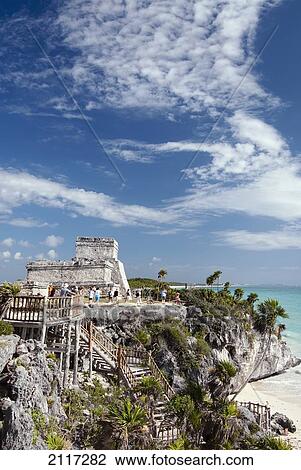Stock Image - Mexico, Quintana Roo, Tulum, the Mayan ruins of Tulum, El Castillo (the Castle), stairway leading to the beach. Fotosearch