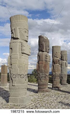 Stock Photography - Mexico, Tula, Stone sculptures lined up in row; Toltec Ruins. Fotosearch