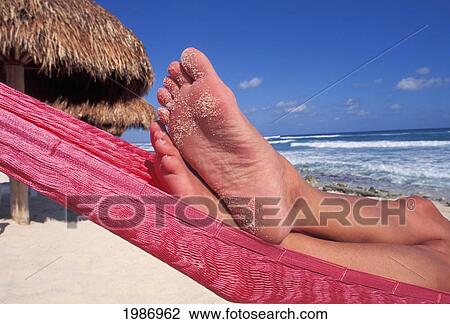 Mexico, Yucatan Peninsula, Feet in hammock on beach; Cozumel View Large Photo Image Stock Image - Mexico, Yucatan Peninsula, Feet in hammock on beach; Cozumel. Fotosearch
