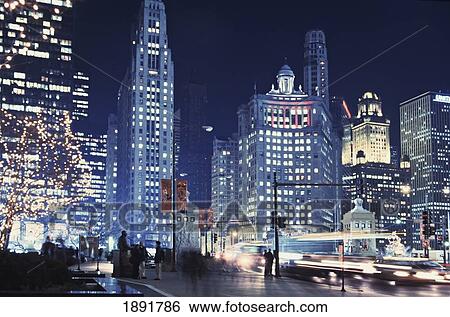 Michigan Avenue Traffic At Night With Cityscape In Background View Large Photo Image Stock Photograph - Michigan Avenue Traffic At Night With Cityscape In Background. Fotosearch