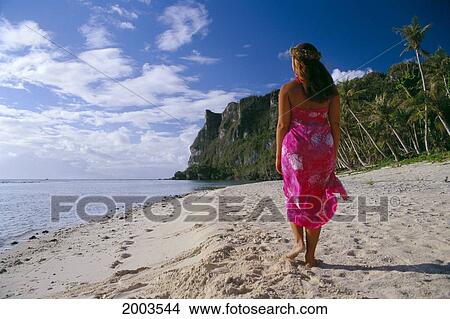 Picture - Micronesia, Back View Of Woman In Pink Pareo Standing On Beach, Palm Trees, Blue Sky. Fotosearch