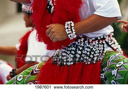 Stock Image - Micronesia, Northern Marianas, Closeup Of Man With Traditional Shell Costume Decorations Dancing. Fotosearch