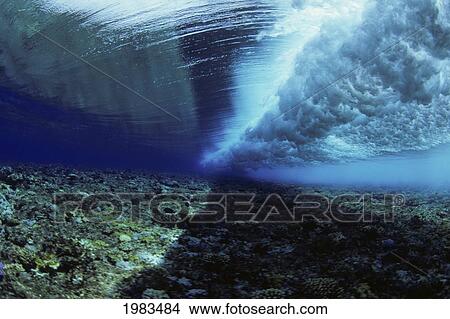 Picture - Micronesia, Ocean swell seen from underwater over reef; Yap. Fotosearch