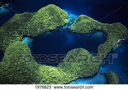 Stock Image - Micronesia, Palau, Aerial Of Rock Islands And Lagoon; Rock Islands. Fotosearch