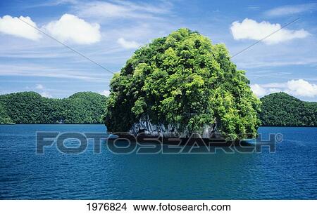 Picture - Micronesia, Palau, Mushroom-Shaped Island Surrounded Blue Ocean; Rock Islands. Fotosearch