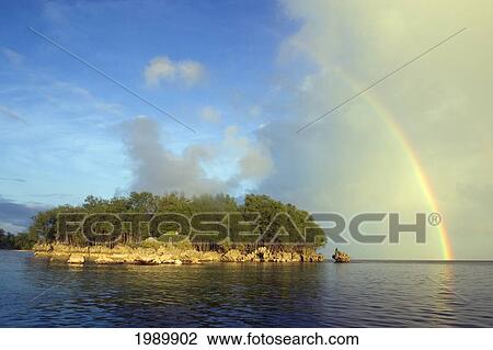 Stock Image - Micronesia, Palua, Rainstorm Approaches A Small Island, Rainbow Overhead.. Fotosearch