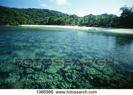 Stock Photograph - Micronesia, Shallow Coral Reef visible in Lagoon and pacific resort set back of white sand beach; Palau. Fotosearch