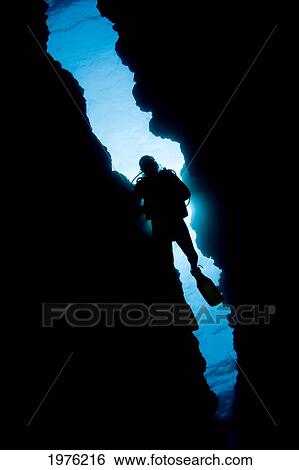 Stock Photograph - Micronesia, Yap, Diver Silhouetted Through Reef Canyon.. Fotosearch