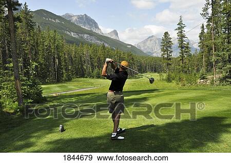 Mid-Adult Man Playing Golf; Canmore, Alberta's Rockies, Alberta, Canada View Large Photo Image Stock Photo - Mid-Adult Man Playing Golf; Canmore, Alberta's Rockies, Alberta, Canada. Fotosearch