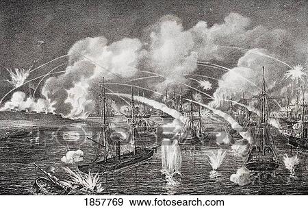 Stock Photo - Midnight Naval Bombardment Of Fort Jackson Louisiana 1862. Fotosearch