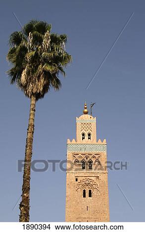 Picture - Minaret Of Koutaoubia Mosque And Palm Tree. Fotosearch