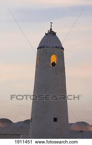 Stock Image - Minaret Of Qassim Mosque At Dawn, Doha, Qatar. Fotosearch