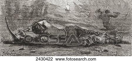 Stock Image - Miner digging at coal mine coalface in the 19th century. From The National Encyclopaedia, published c. 1890.. Fotosearch