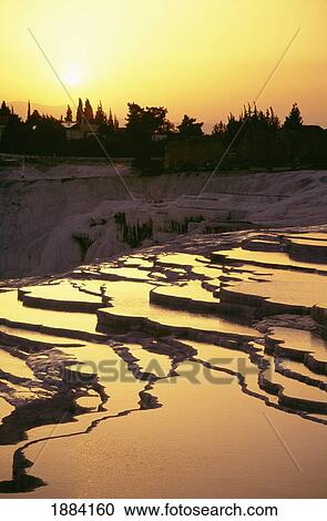 Stock Image - Mineral Pools At Sunset In Pamukkale. Fotosearch