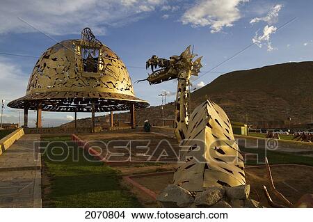 Picture - Miner's Hat-Shaped Modern Monument At The Entrance To Oruro, Bolivia. Fotosearch