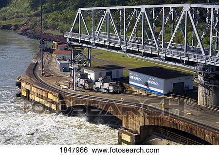 Stock Photograph - Miraflores Locks, Panama Canal, Panama, Central America; Swing Bridge In Lock. Fotosearch
