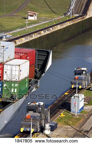 Miraflores Locks, Panama Canal, Panama, Central America; Container Ship In Lock View Large Photo Image Stock Photography - Miraflores Locks, Panama Canal, Panama, Central America; Container Ship In Lock. Fotosearch