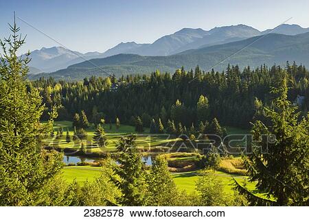 Stock Photo - Mist rises from the groomed fairways and greens of the Whistler Golf Course; Whistler, British Columbia, Canada. Fotosearch