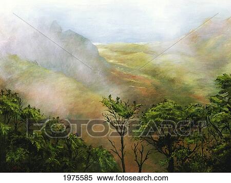 Stock Photography - Mists Of Kalalau - Hawaii, Kauai, Landscape Of Kalalau Lookout And Ocean (Acrylic Painting).. Fotosearch