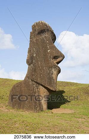 Stock Photograph - Moai By The Quarry On The Outer Slope Of The Rano Raraku Volcano, Rapa Nui (Easter Island), Chile. Fotosearch