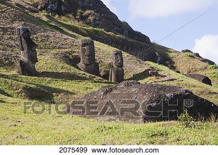 Stock Photo - Moais By The Quarry On The Outer Slope Of The Rano Raraku Volcano, Rapa Nui (Easter Island), Chile. Fotosearch
