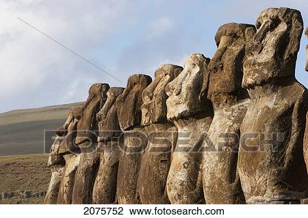 Stock Image - Moais From Different Periods, Restored By Archaeologist Claudio Cristino, At Ahu Tongariki, Rapa Nui (Easter Island), Chile. Fotosearch