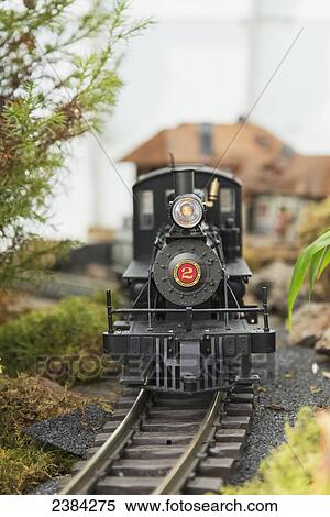 Stock Photography - Model g-gauge steam locomotive moves along track of garden railway exhibit at the Conservatory of Flowers, Golden Gate Park; San Francisco, California, United States of America. Fotosearch