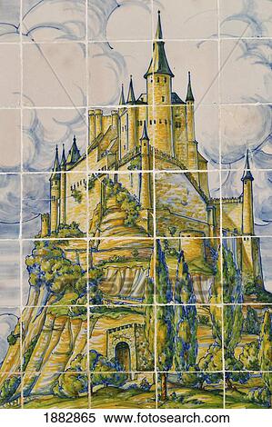 Stock Photography - Modern Ceramic Tile With A Painting Of The Alcazar; Segovia, Segovia Province, Spain. Fotosearch