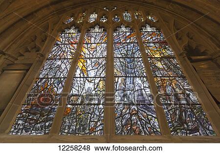 Stock Photo - Modern stained glass in Great Malvern Priory; Malvern, Worcestershire, England. Fotosearch
