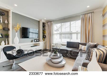 Stock Photo - Modern Townhouse Living Room With Tv; Surrey British Columbia Canada. Fotosearch
