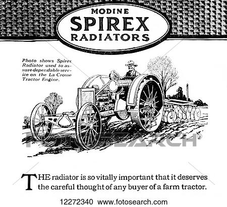 Stock Image - Modine Spirex Radiator advertisement with illustration of farmer on tractor from early 20th century.. Fotosearch