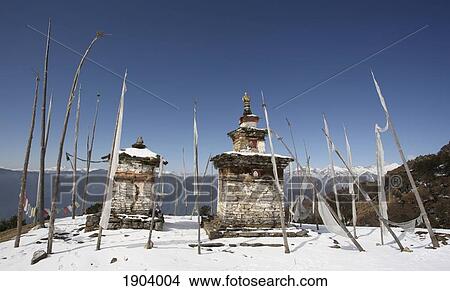 Monastery And Prayer Flags In Snow Above Paro Valley, Bhutan View Large Photo Image Picture - Monastery And Prayer Flags In Snow Above Paro Valley, Bhutan. Fotosearch