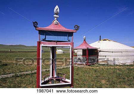 Stock Image - Mongolia, Ger Ranch, Traditional Nomadic Housing Area, Colorful Architecture.. Fotosearch