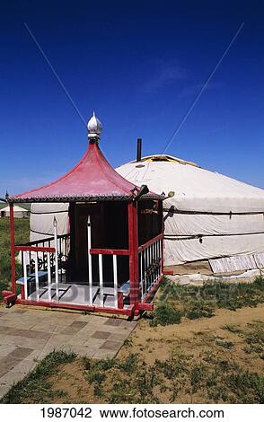 Mongolia, Ger Ranch, Traditional Nomadic Housing Area, Colorful Entrance To Home. View Large Photo Image Stock Image - Mongolia, Ger Ranch, Traditional Nomadic Housing Area, Colorful Entrance To Home.. Fotosearch