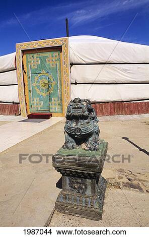 Mongolia, Traditional nomadic home and statue at entrance; Ger Ranch View Large Photo Image Picture - Mongolia, Traditional nomadic home and statue at entrance; Ger Ranch. Fotosearch