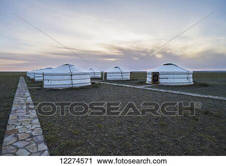 Stock Image - Mongolian Gers (yurts) tourist accommodation at the Gobi Tour Ger Camp, Bayanzag, South Gobi Province, Mongolia. Fotosearch