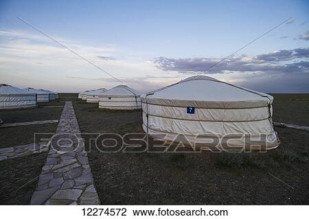 Stock Image - Mongolian Gers (yurts) tourist accommodation at the Gobi Tour Ger Camp, Bayanzag, South Gobi Province, Mongolia. Fotosearch