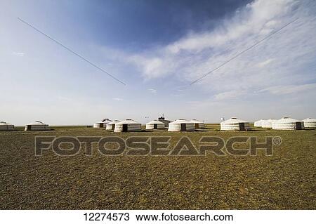 Stock Image - Mongolian Gers (yurts) tourist accommodation at the Gobi Tour Ger Camp, Bayanzag, South Gobi Province, Mongolia. Fotosearch