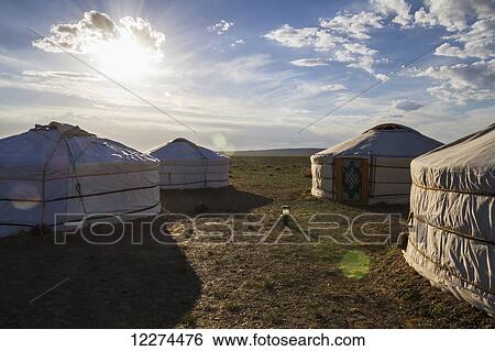 Stock Photograph - Mongolian Gers (yurts) tourist accommodation at the Gobi Discovery 2 Ger Camp, Gobi Gurvansaikhan National Park,? mnÃƒÆ’Ã‚Â·govi Province, Mongolia. Fotosearch