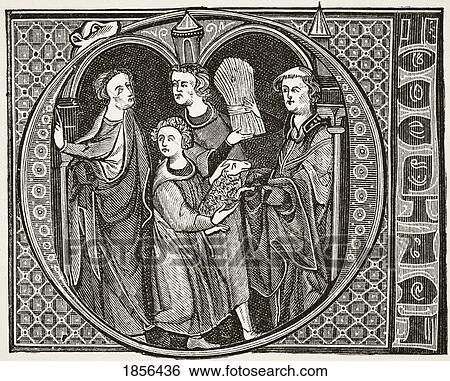 Stock Photograph - Monks Engaged In Agriculture. Capital Letter O In The 13Th Century Livre De Jurisprudence From Science And Literature In The Middle Ages By Paul Lacroix Published London 1878. Fotosearch