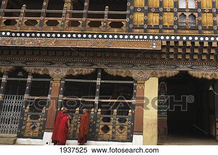 Stock Photography - Monks Outside Rinpung Dzong Monastery; Paro District Bhutan. Fotosearch