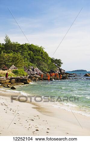 Monks take a group trip to the ocean at Sokha beach; Sihanoukville, Cambodia View Large Photo Image Picture - Monks take a group trip to the ocean at Sokha beach; Sihanoukville, Cambodia. Fotosearch