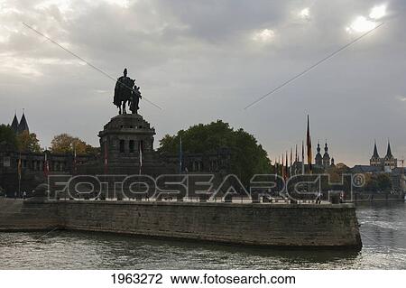 Stock Image - Monument To German Emperor William I Of Germany, Mounted On A 14 Meter High Horse At Deutsches Eck (German Corner), Koblenz, Rhineland-Palatinate, Germany. Fotosearch