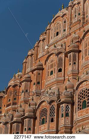Stock Photo - Moon over the Hawa Mahal (Palace of the Winds), Jaipur, India.. Fotosearch