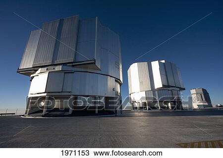 Stock Image - Moon Unit Telescope 2, Southern Cross Unit Telescope 3 & Venus Unit Telescope 4, Belonging To The Very Large Telescope (Vlt) Operated By The European Southern Observatory At Paranal, Antofagasta Region, Chile. Fotosearch